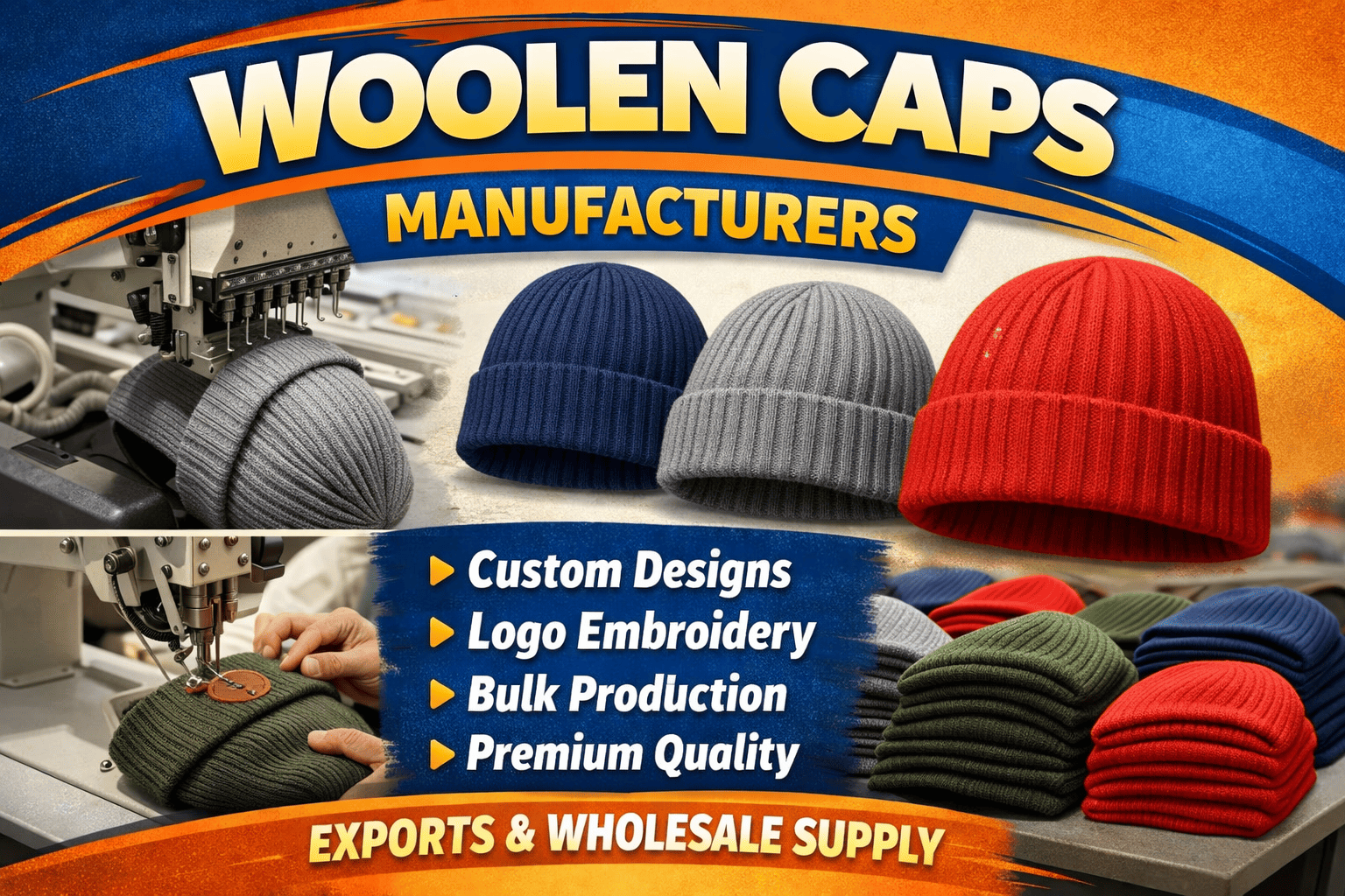 Custom woolen caps and beanies manufacturing unit producing winter, corporate, and promotional woolen headwear in Rani Bagh, North West Delhi, and Rani Bagh Market