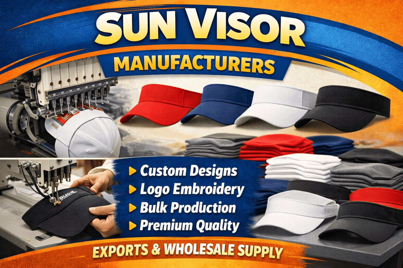 Custom sun visors manufacturing unit producing sports, outdoor, and promotional visors for bulk supply in Shalimar Bagh, North West Delhi and Haiderpur Village Market