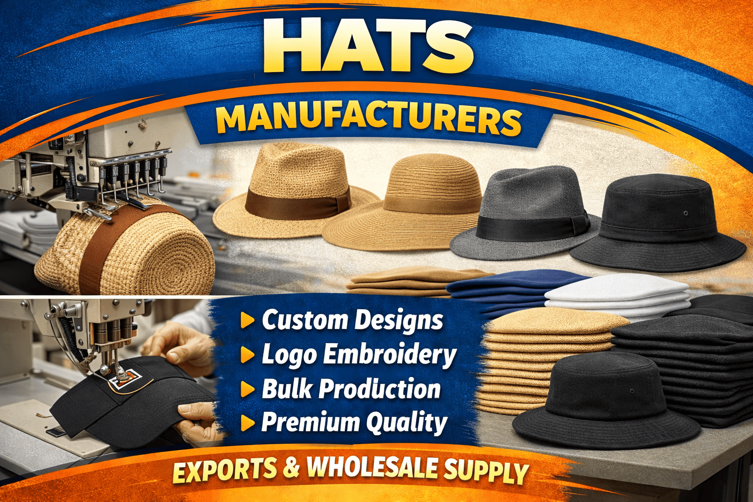 Custom hats manufacturing unit producing branded bucket, fashion and promotional hats for bulk supply in Rani Bagh, North West Delhi and Rani Bagh Market