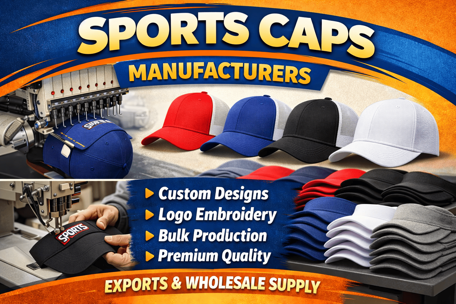 Customized sports caps manufacturing unit producing breathable athletic caps for teams, academies and bulk buyers in Mukherjee Nagar, North Delhi and GTB Nagar