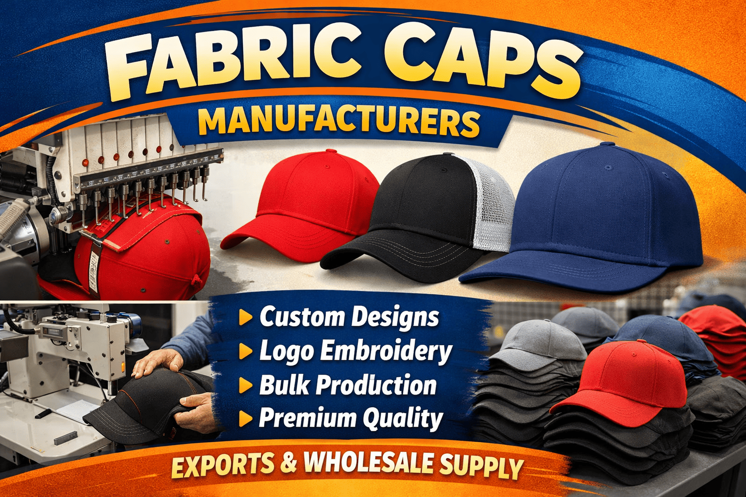 Customized fabric caps manufacturing unit producing cotton, canvas and blended fabric caps for branding and bulk supply in Mukherjee Nagar, North Delhi and GTB Nagar