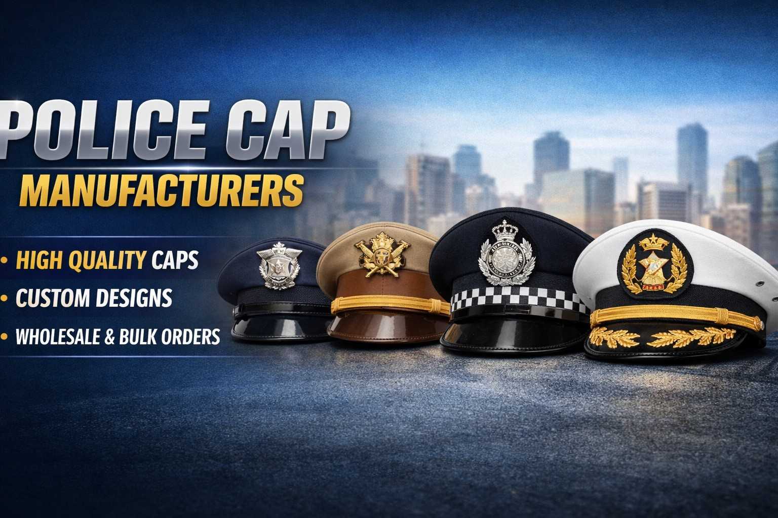 High quality police caps manufactured by Anika Cap Manufacturer India for law enforcement and uniform services