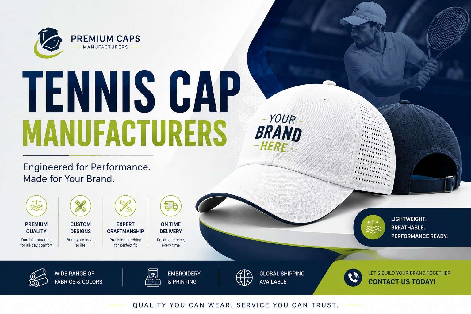 Custom embroidered tennis caps manufactured in Delhi